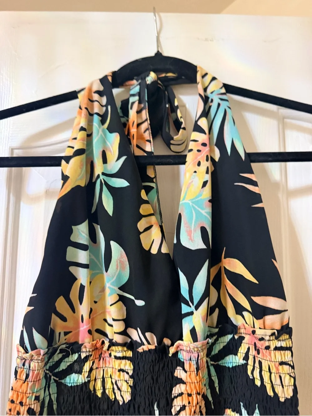 Women’s Tropical Halter Dress in Black, Peach, and Teal. Peacock Dress.